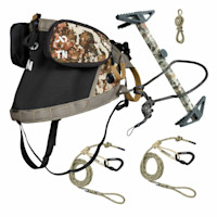 First Lite XD x TN camo saddle pack with climbing stick, ropes and carabiners