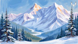 Snowy painted mountain landscape with fir trees and winding valley river, MeatEater logo top right