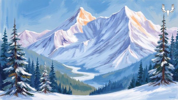 Snowy painted mountain landscape with fir trees and winding valley river, MeatEater logo top right