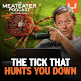 Steven Rinella pointing at enlarged tick; overlay text: THE MEATEATER PODCAST; THE TICK THAT HUNTS YOU DOWN