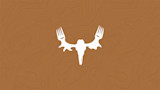 MeatEater white antler-and-fork skull logo centered on brown topographic background