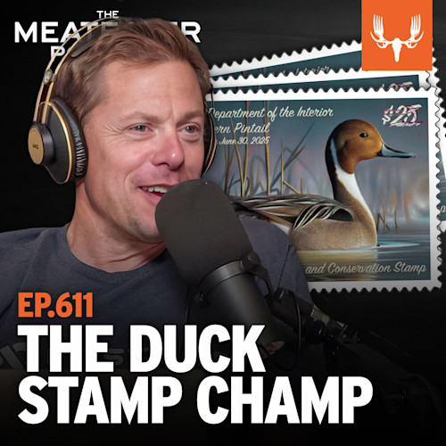Steven Rinella speaking into mic with headphones; text 'EP.611 THE DUCK STAMP CHAMP' and duck stamp