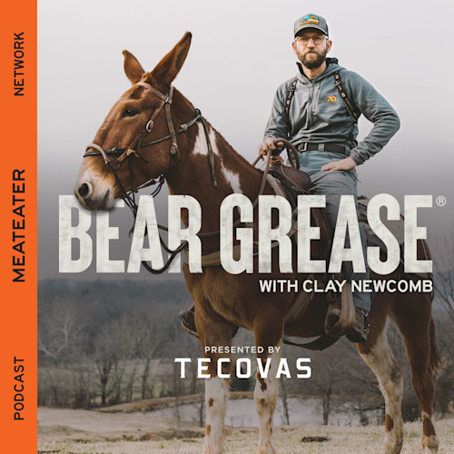 Clay Newcomb riding a mule with text "BEAR GREASE" and "PRESENTED BY TECOVAS"