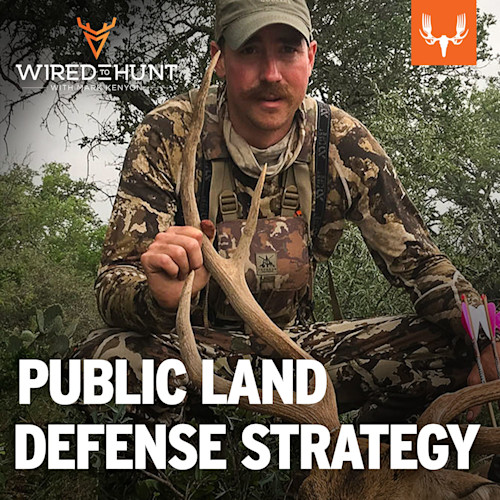 Hunter in camouflage holding deer antlers; text overlay: WIRED TO HUNT - PUBLIC LAND DEFENSE STRATEGY