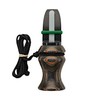 Phelps E-Z-Estrus elk call, laminated Green Mtn. camo handle, black mouthpiece with green band