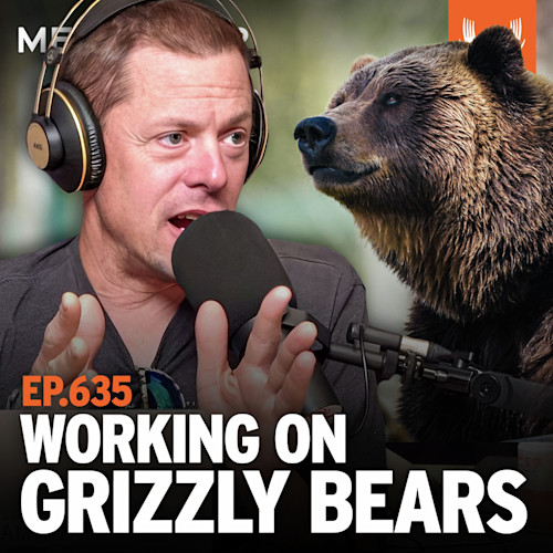 EP.635 WORKING ON GRIZZLY BEARS; man wearing headphones speaking into a microphone beside a grizzly bear.