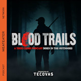 BLOOD TRAILS, silhouette of hunter carrying a rifle in a foggy forest