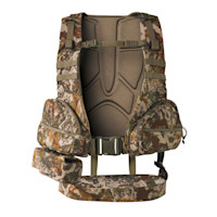 Camouflage turkey hunting vest with padded back, dual hip pockets and adjustable waist belt