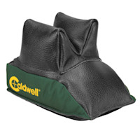Unfilled rear shooting bag with two black leather rests, green side panel labeled "Caldwell"