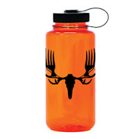 Orange Nalgene bottle with black MeatEater antler-and-fork logo