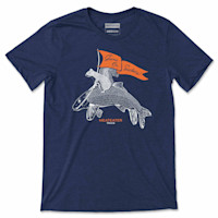 Navy T-shirt with white carp and squirrel graphic; orange flag reads "Game On, Suckers!" and "MEATEATER TRIVIA"