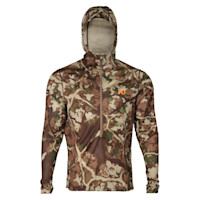First Lite Yuma camo synthetic hoody, hooded quarter-zip, orange logo