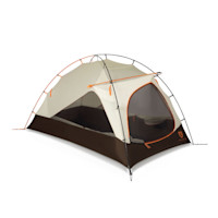 Two-person dome tent, tan and brown with black/orange poles and mesh door, text 'KODIAK'.
