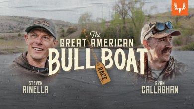 Two men on a river; overlay text "The Great American Bull Boat Race"; names "Steven Rinella" and "Ryan Callaghan"