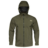 First Lite Borah men's olive waterproof rain jacket with hood and front zipper