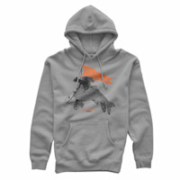 Gray hoodie with squirrel riding a fish and orange flag; text 'MEATEATER TRIVIA'