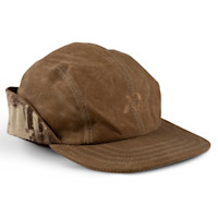 First Lite waxed brown cap with camo earflaps and embroidered logo