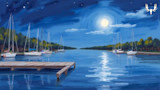 Moonlit marina with sailboats and wooden dock, moonlight reflecting on water; MeatEater logo top-right