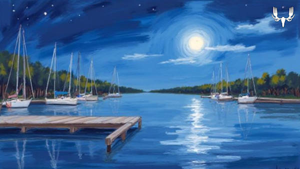 Moonlit marina with sailboats and wooden dock, moonlight reflecting on water; MeatEater logo top-right