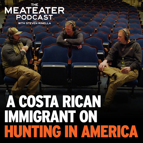 THE MEATEATER PODCAST WITH STEVEN RINELLA — A COSTA RICAN IMMIGRANT ON HUNTING IN AMERICA — 3 men with headsets