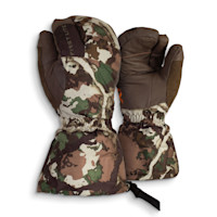 FIRST LITE camo Grizzly 2.0 trigger mitts with brown leather palms