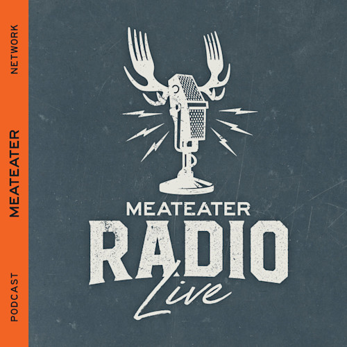 "MEATEATER RADIO Live" logo: vintage microphone with antler forks on textured blue background