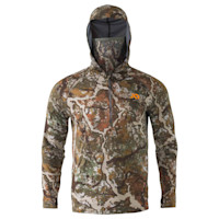 First Lite camo hooded pullover with integrated face mask and quarter-zip