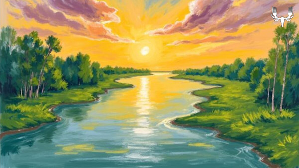 Sunset over winding river delta with grassy banks and MeatEater logo