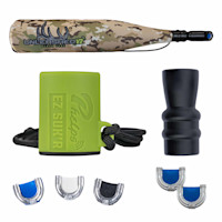 Elk call kit: camo "UNLEASHED V2" bugle tube, green Phelps "EZ SUKR" call box, black mouthpiece, reed inserts