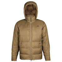 First Lite hooded tan down jacket with chest logo and full front zipper