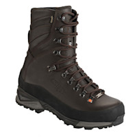Brown insulated hunting boot with GORE-TEX tag, metal lace hooks, rugged lug sole