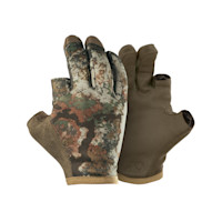 First Lite trigger-style hunting gloves, camouflage back, brown palm, fingerless trigger tips