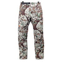 Camouflage waterproof hunting pants with orange First Lite XD logo