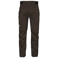First Lite waterproof brown rain pants with zippered thigh pocket and adjustable waist