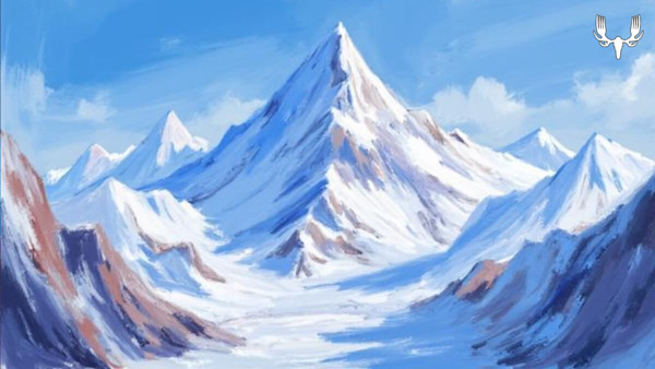 Snowy mountain peaks painted in blue tones under a clear sky, MeatEater antler logo top-right