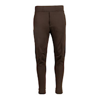 Men's brown rugged wool wader pant, front view with elasticized waist and tapered legs
