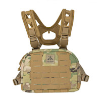 Camo chest rig with coyote-brown padded straps, MOLLE panel and FHF GEAR label "Made in the USA"