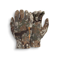 First Lite Aerowool camo touch-liner gloves with orange "FIRST LITE" text