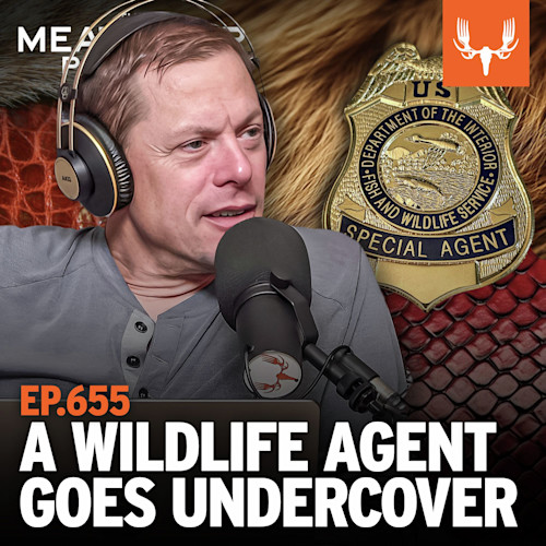 Man with headphones at podcast mic beside wildlife agent badge; text "EP.655 A WILDLIFE AGENT GOES UNDERCOVER"