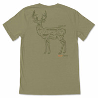Olive T-shirt back showing deer butcher diagram labeled with cuts and MEATEATER