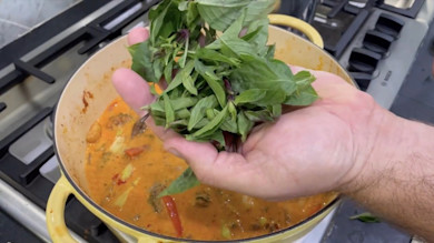 Hand holding fresh basil over yellow pot of orange curry on gas stovetop