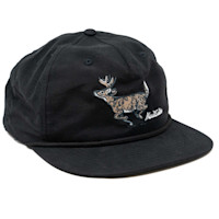 Black cap embroidered with running whitetail deer and MeatEater script
