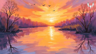 Sunset over reflective river with purple trees, three flying birds and MeatEater antler logo