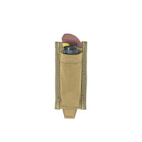 Tan nylon call pouch holding a black duck call and brown foam wind wedge