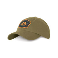 Olive low-profile cap with orange-trim patch reading "First Lite"