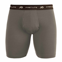 First Lite men's Wick Game Bag brief — gray boxer-style base layer with "FIRST LITE" waistband