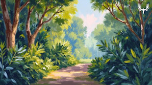 Sunlit dirt path through green forest shrubs and trees, MeatEater logo top-right