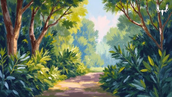 Sunlit dirt path through green forest shrubs and trees, MeatEater logo top-right