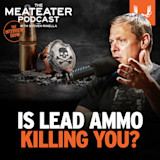 Steven Rinella speaking into a microphone; text: "THE MEATEATER PODCAST with STEVEN RINELLA" and "IS LEAD AMMO KILLING YOU?"