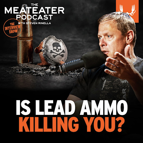 Steven Rinella speaking into a microphone; text: "THE MEATEATER PODCAST with STEVEN RINELLA" and "IS LEAD AMMO KILLING YOU?"